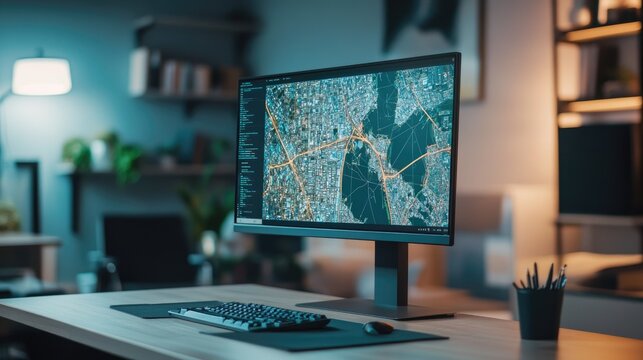 Close-up of a computer monitor displaying a digital map, clean workspace with no people