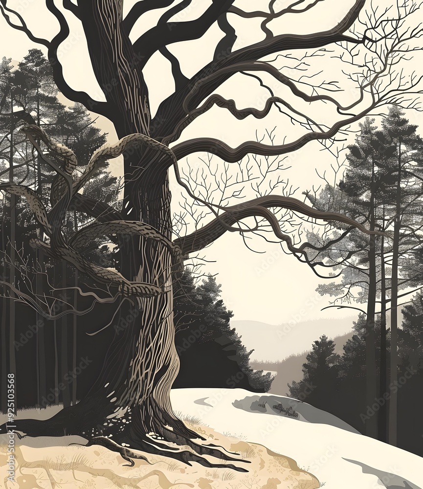 Canvas Prints Ancient Oak Tree Illustration Winter Landscape