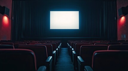 Fototapeta premium Close-up of empty theater seats with a blank screen in the background, dim lighting