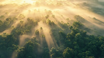 Golden sunlight breaks through the fog, illuminating the lush canopy of a dense rainforest at dawn