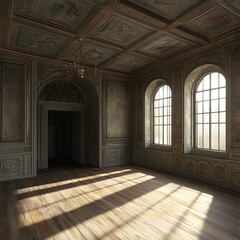 Fototapeta premium Empty Room With Wooden Floor And Ornate Walls
