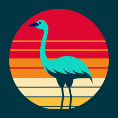 Vintage retro sunset with ostrich bird silhouette vector illustration, graphics elements for trendy t-shirt