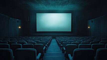 Fototapeta premium Dimly lit cinema auditorium with empty rows of seats and a large, blank screen