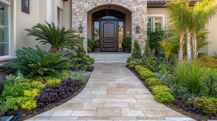 Naklejka premium Elegant home entrance with a grand front door, stone pathway, and well-designed landscaping