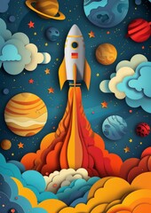 Colorful rocket launch in outer space surrounded by planets and stars