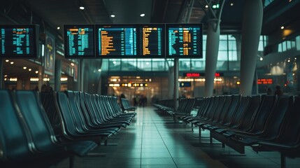 Empty airport terminal with rows of chairs and flight information displays, no travelers