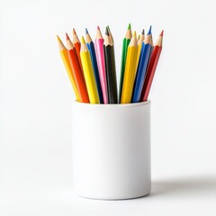 An isolated white background shows a cup of color pencils in a transparent state