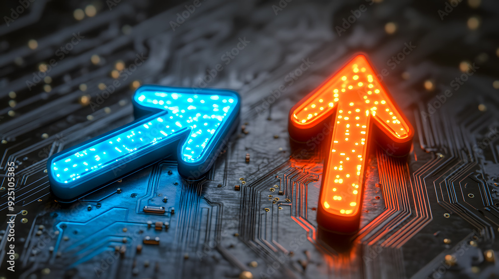 Poster digital circuit board technology with glowing arrows representing connectivity innovation and advanc