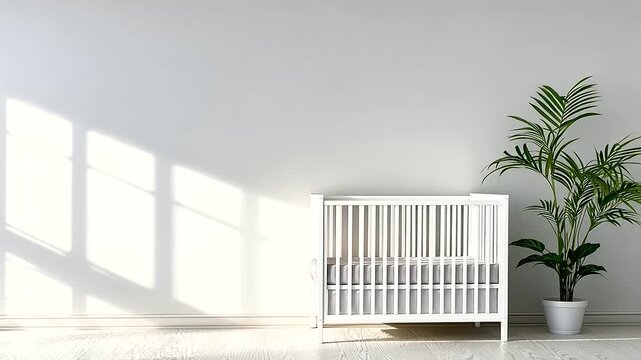 White crib in a minimalistic baby girl&rsquo;s nursery with a cozy, empty room and a houseplant. Ideal for depicting a serene and well-designed space for a newborn_
