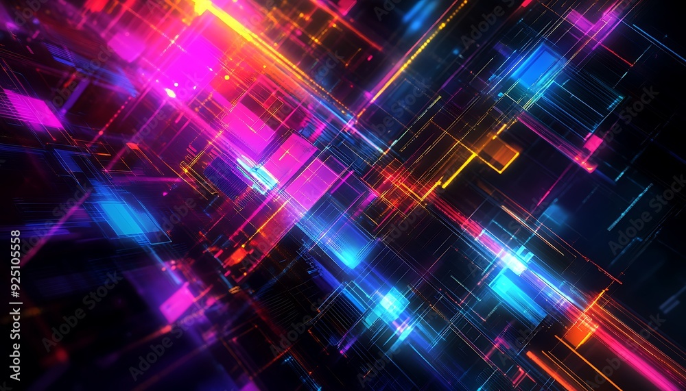 Poster Dynamic Technology Abstract Background with Vibrant Digital Data Streams in Overlapping Translucent Layers