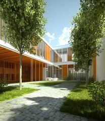 Obraz premium Modern Architecture Courtyard Design with Green Grass and Trees