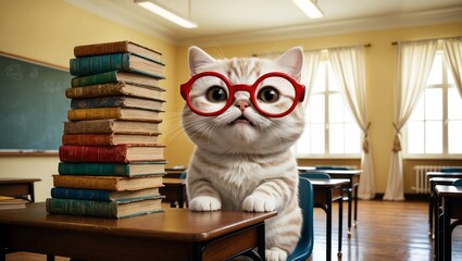 A cat with glasses curiously observes its surroundings in a classroom