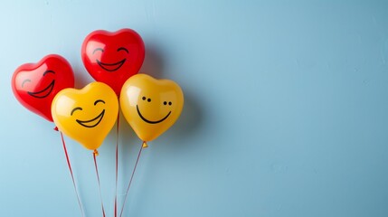 Red and yellow heart balloons with love emoji on light blue backdrop, space for congrats banner