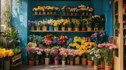Fototapeta premium Empty flower shop with colorful bouquets and arrangements on display, well-organized space