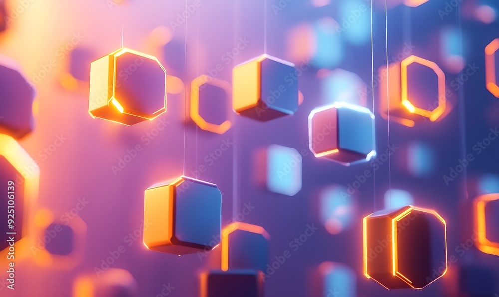 Poster Minimalistic 3D Technology Background with Floating Cubes and Hexagons Featuring LED Lights