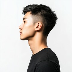 Fototapeta premium An Asian man with a bright smile is portrayed in a side view, isolated on white