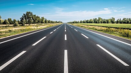 Fototapeta premium Empty highway with multiple lanes and clear skies, no vehicles, smooth asphalt