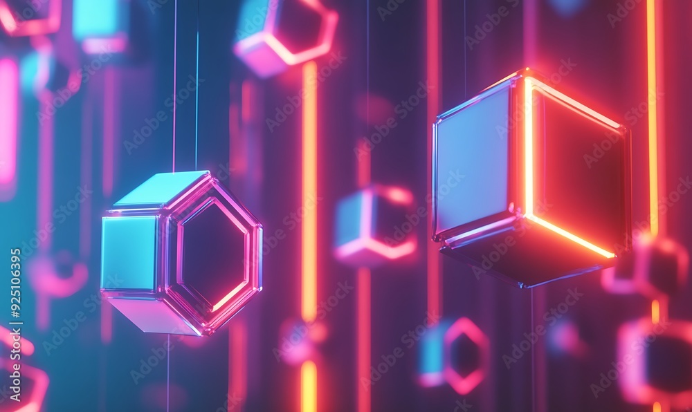 Poster Minimalistic 3D Technology Background with Floating Cubes and Hexagons Featuring LED Lights