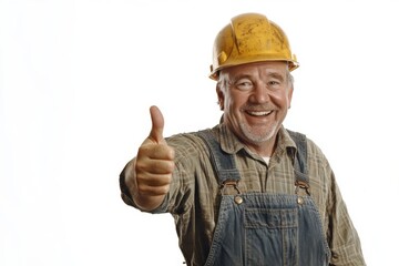 An engineer man or construction worker with safety helmet showing thumbs up in a construction site. Isolated on transparent background.