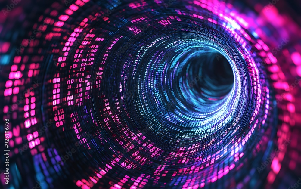 Poster Cyberpunk Technology Abstract Background with a Swirling Vortex of Binary Code and Neon Colors