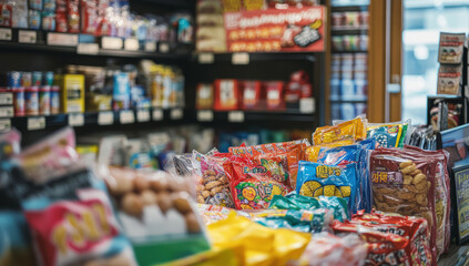 A grocery store shelf full of snacks, with colorful packaging
