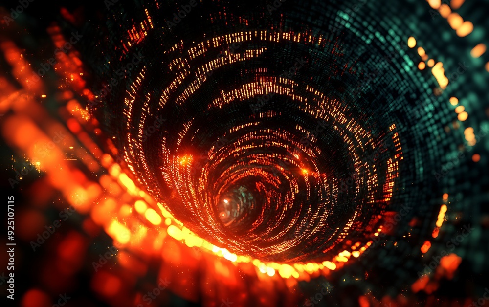 Poster Cyberpunk Technology Abstract Background with a Swirling Vortex of Binary Code and Neon Colors