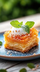 Delicious pastry dessert topped with cream and mint on a decorative plate, perfect for culinary and food photography.