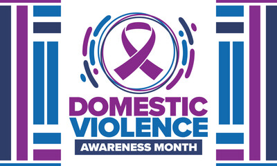 Domestic Violence Awareness Month in October. Celebrate annual in United States. Awareness purple ribbon. Day of Unity. Prevention campaign. Stop women abuse. Poster, banner and background. Vector