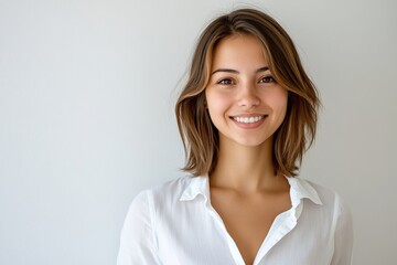 Fototapeta premium Beautiful woman poses in studio with a happy smile on her face, isolated on white background