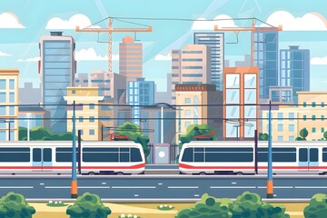 Modern City with Train and Construction Cranes