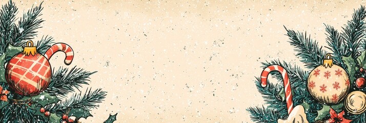 Vintage Christmas Background, Retro Holiday Elements, Classic Ornaments, Old-Fashioned Candy Canes, Nostalgic Colors, Horizontal Banner