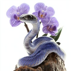 Fototapeta premium The background of this image is white and transparent and shows a blue snake on a branch