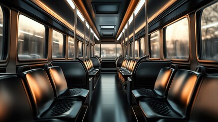 Fototapeta premium Interior of an empty airport shuttle with clean seats and large windows, no passengers -