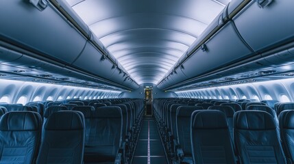 Fototapeta premium Interior of an empty commercial airplane with rows of clean seats and no passengers -