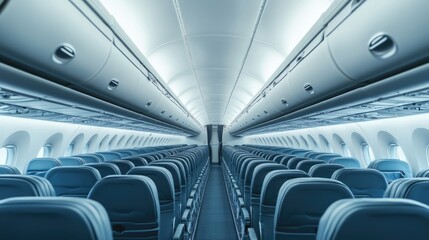 Fototapeta premium Interior of an empty commercial airplane with rows of clean seats and no passengers -