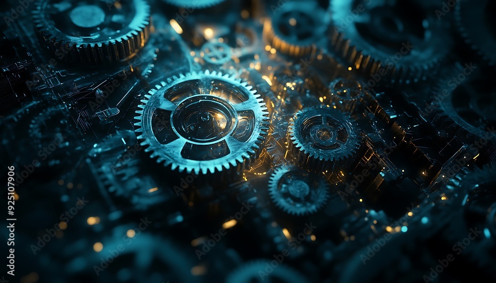 Poster high-tech abstract background with interconnected gears and cool-toned lighting