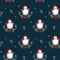 Winter seamless pattern with cute snowman in santa hat. Christmas backgrounds. New year decoration. Cartoon xmas pattern.