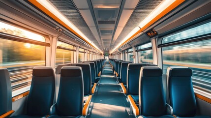 Interior of an empty high-speed train with clean seats and large windows, no passengers