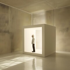 Fototapeta premium Man Standing Inside a White Cube in a Room