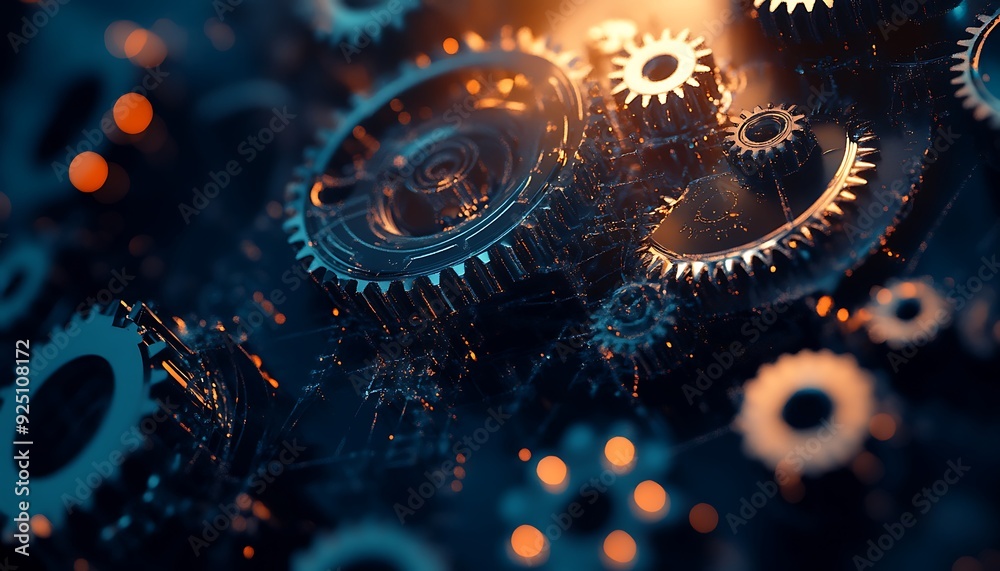 Poster High-Tech Abstract Background with Interconnected Gears and Cool-Toned Lighting
