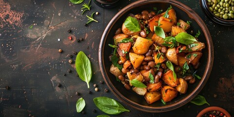 Broad beans potatoes and herbs in a bowl on a rustic table Nutritious vegan winter meal top view with text space