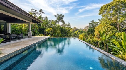 Luxury villa with an expansive outdoor pool, lush gardens, and elegant design