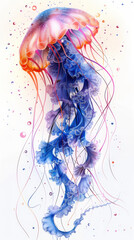Obraz premium A vibrant illustration of a jellyfish, showcasing intricate tentacles and fluid forms with vivid colors blending from pink to blue hues