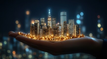 A hand holding a miniature, illuminated cityscape at night.