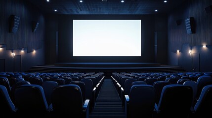 Fototapeta premium Modern movie theater with empty seats and a large, darkened screen, ready for a film