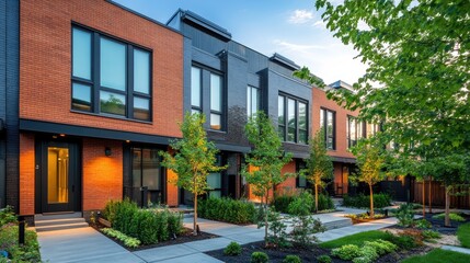 Fototapeta premium Modern townhouse exterior with brick facade, private garden, and contemporary design