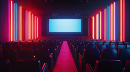 Fototapeta premium Movie theater interior with no people, featuring a large screen and rows of empty seats