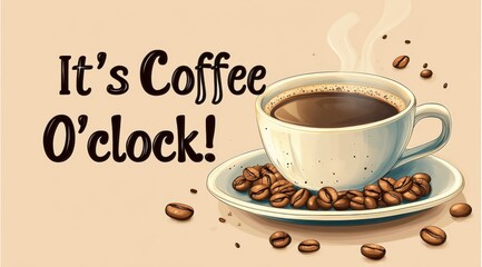 Illustrative text "It's Coffee O'Clock!" with a steaming cup of coffee and scattered beans.