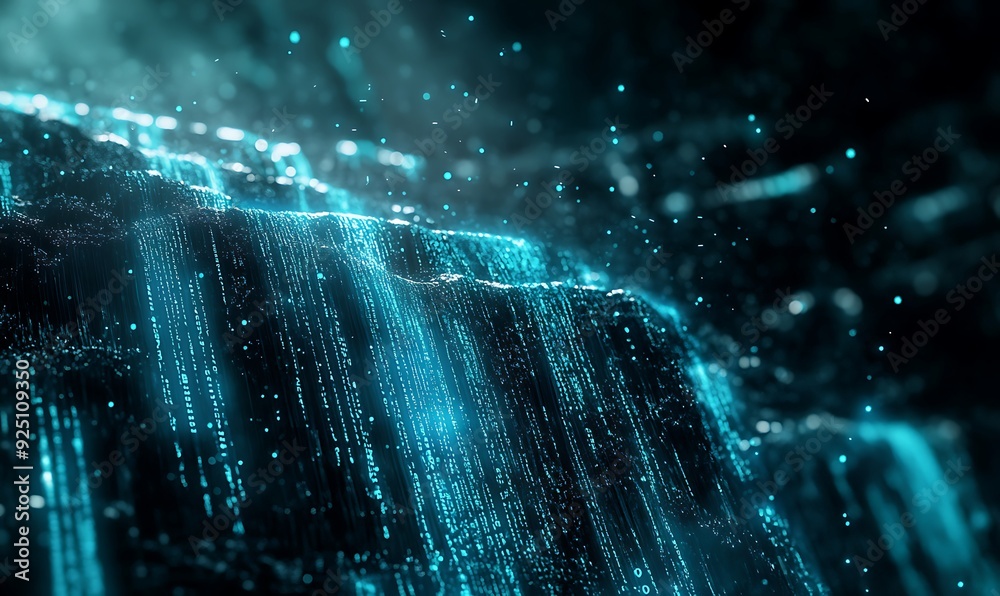 Poster Futuristic Technology Background with Flowing Binary Code Cascading Over a Dark Landscape