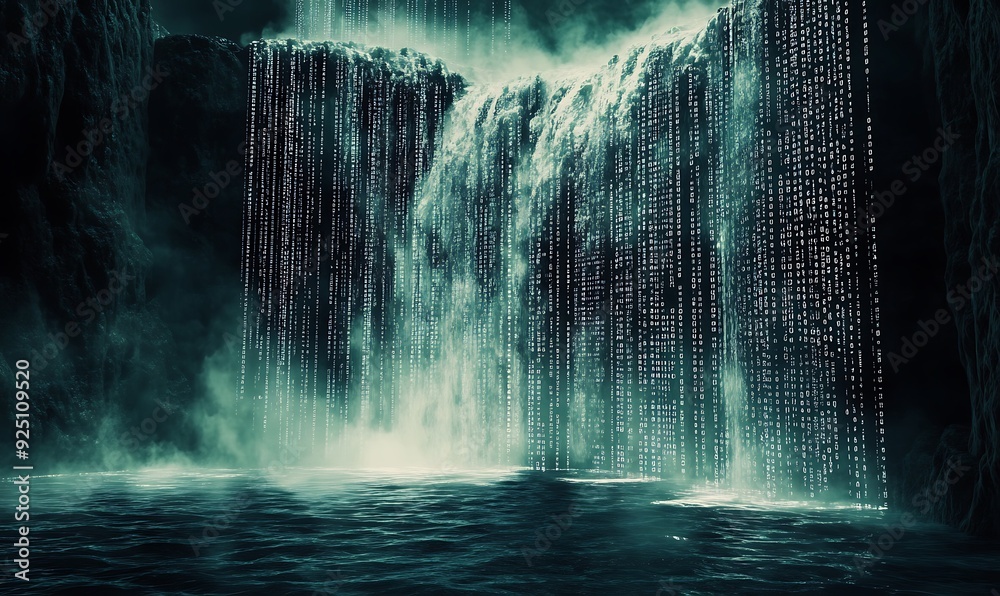 Aufkleber Futuristic Technology Background with Flowing Binary Code Cascading Over a Dark Landscape